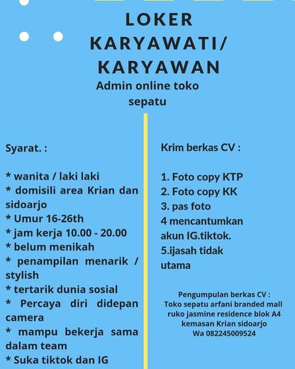 Loker! Admin Online Sepatu di Sidoarjo